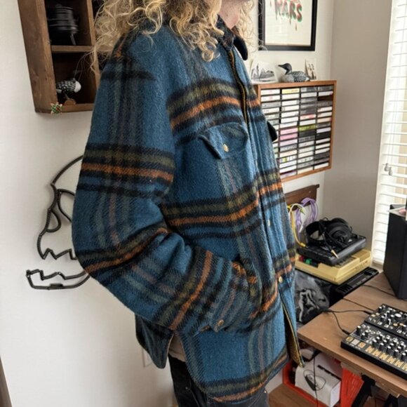 Vintage 50s 60s Towncraft Wool Mackinaw Fleece Lined Blue Plaid Jacket ~ Size L - Picture 2 of 8